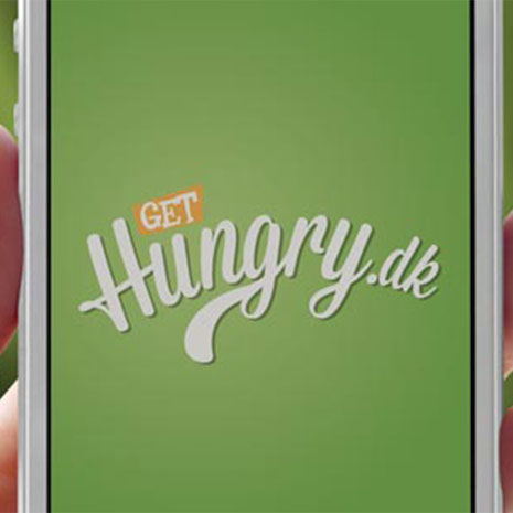 GetHungry.dk logo vist på en smartphone som eksempel på en webshop, der anvender ViaBill