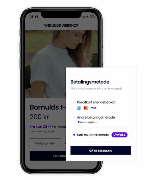 viabill-betalingsmetode-mobilvisning Mobilskærm der viser webshop checkout med ViaBill som betalingsmulighed